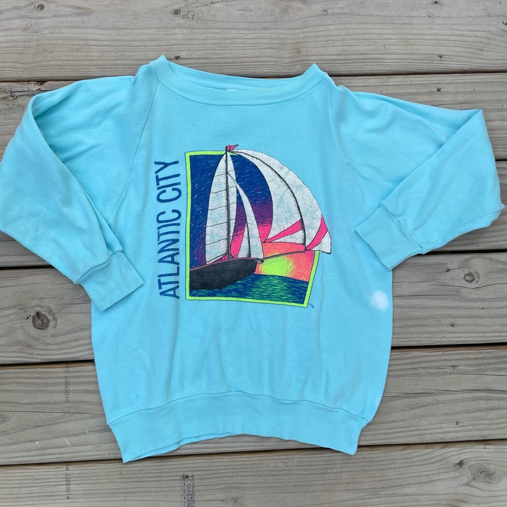 Vintage Atlantic City Sailboat Sweatshirt Light Blue Neon Graphic Pullover Small